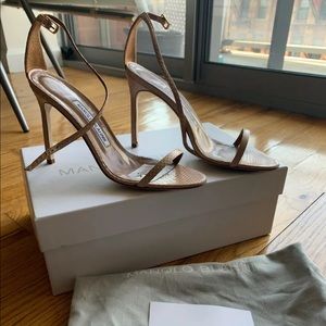 Manolo Blahnik Laura Nude Snake Ankle Strap Sandal